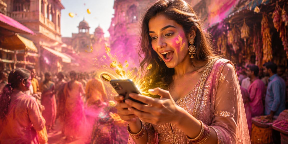 Colorful Holi festival celebration connected to mobile casino enjoyment
